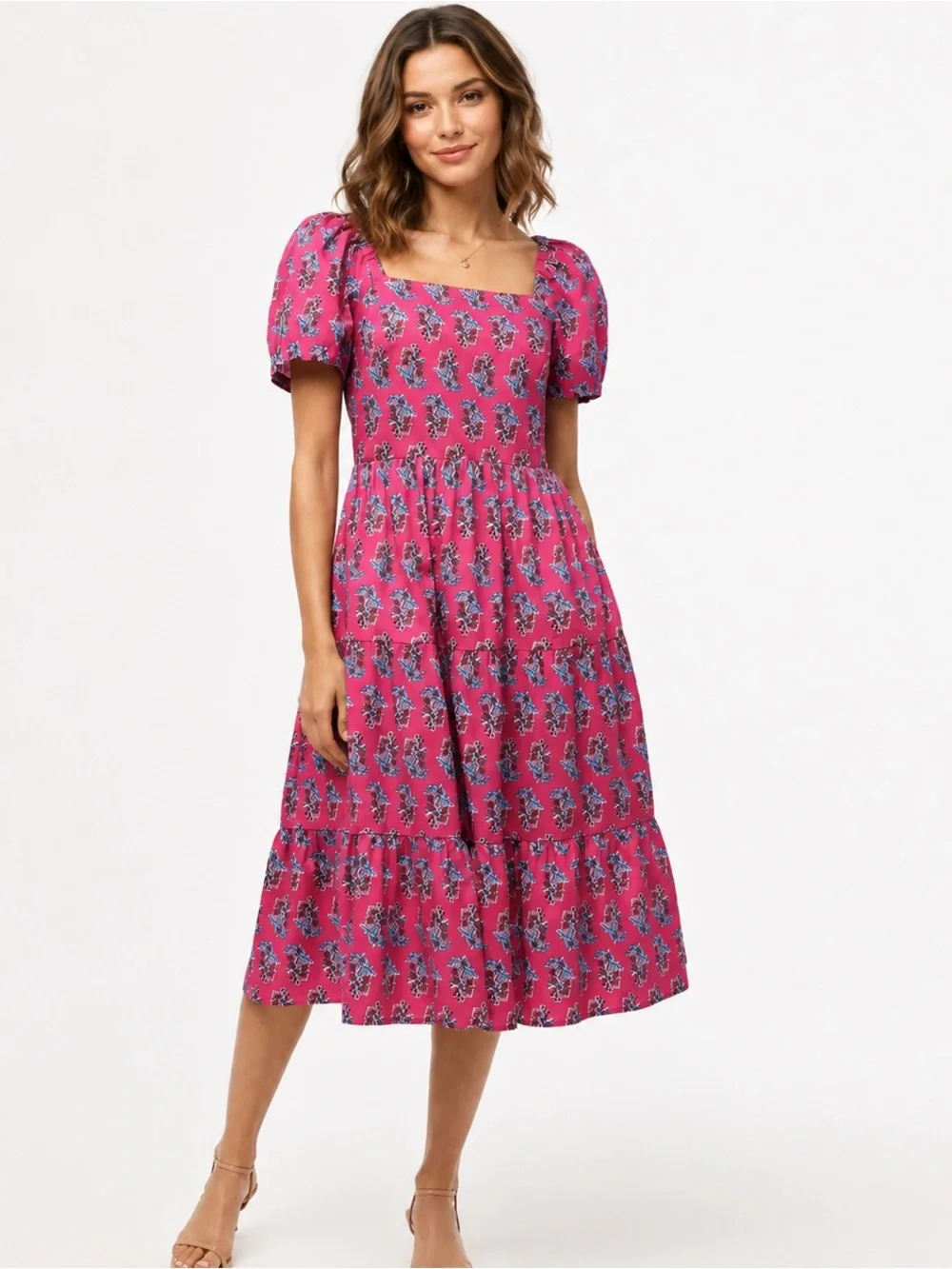 J.Crew Pink Floral Puff Sleeve Smocked Midi Dress Cotton Size 4 Cottagecore
